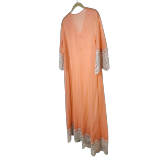 Vintage 60s 70s Robe Duster Flowy Glam BOHO Bell Sleeve Sheer Lace Coral Peach S - Picture 10 of 16